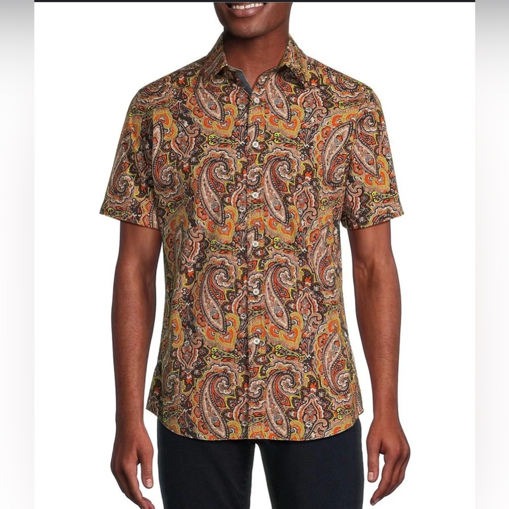 Cremieux Premium Denim Mens XXL Paisley Stretch Short Sleeve Resort NWT